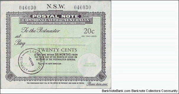 Australian Capital Territory 1966 20 Cents postal note.

Issued at Canberra City. Banknote