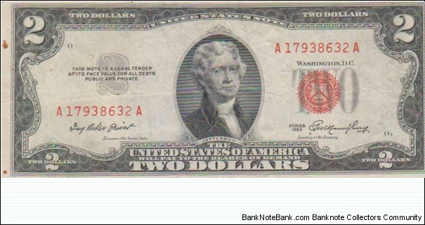 US $2 dollar Red seal Federal Reserve Note Banknote
