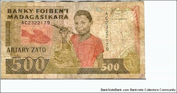 500 Francs = 100 Ariary__
pk# 71 b__
ND (1988-1993) Banknote