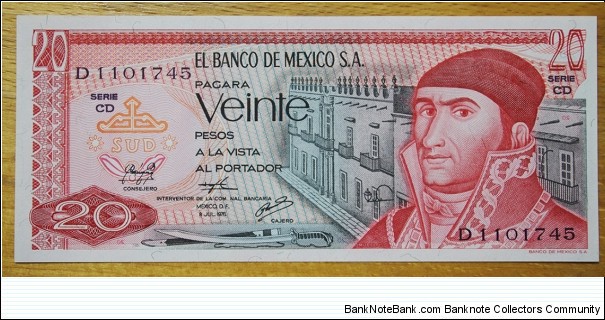 Mexico | 
20 Pesos, 1976 | 

Obverse: José María Morelos y Pavón | 
Reverse: Quetzalcoatl (Teotihuacan) pyramid | Banknote