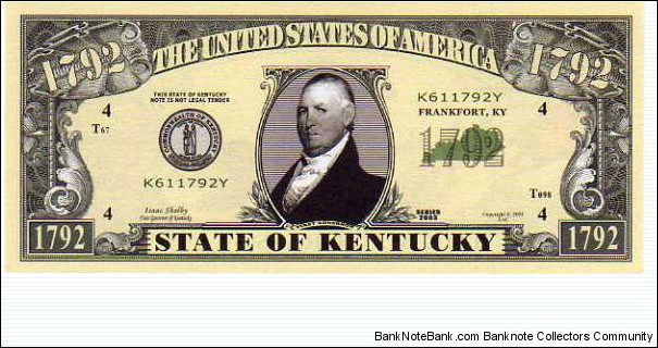 1792 State of Kentucky - pk# NL - ACC American Art Classics - Not Legal Tender  Banknote