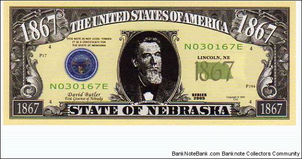 1867 State of Nebraska - pk# NL - ACC American Art Classics - Not Legal Tender  Banknote