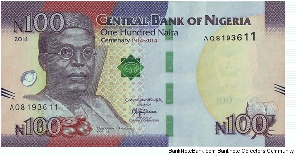 Nigeria 2014 100 Naira.

Centenary of Nigeria. Banknote