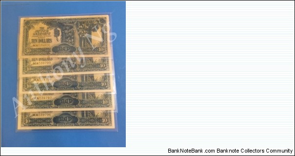 Japanese/Malaya Occupation Invasion Money. RARE to see them in 5 consecutive running serial Banknote