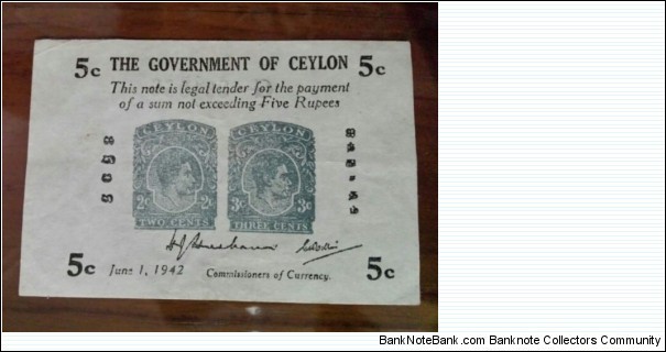 ceylon 1942 five cents note world war ll  king George 
2 cent x 3 cent  Banknote