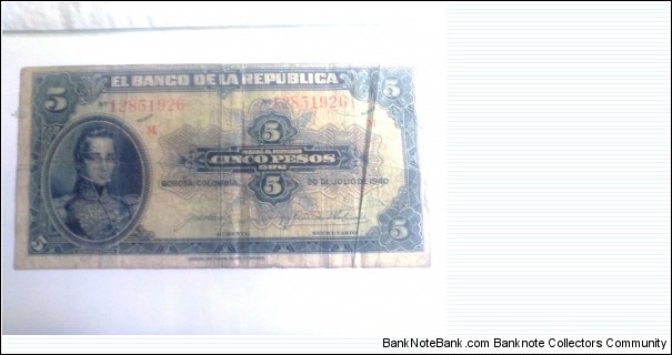 El Banco De LA Republica  5 Pesos Oro Banknote