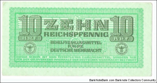 10 ReichsPfennig(AUXILIARY PAYMENT CERTIFICATE
/WEHRMACHT ARMED FORCES Third Reich 1942)  Banknote
