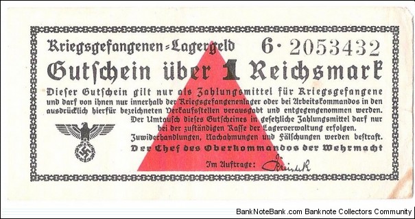 1 Reichsmark(Military Prisoners of War Camps/Wehrmacht High Command - Third Reich 1939)  Banknote