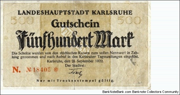 500 Mark - Karlsruhe Banknote