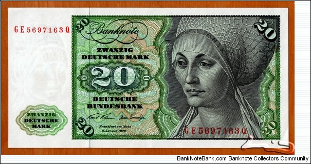 West Germany | 
20 Mark, 1970 | 

Obverse: Engraved portrait of Elsbeth Tucher (painted 1499) by Albrecht Dürer | 
Reverse: Violin, Bow and Clarinet | 
Watermark: Portrait of Elsbeth Tucher | Banknote