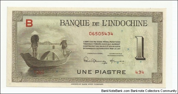 FrIndochina 1 Piastre ND(1945)(Banque de L'Indochine) Banknote