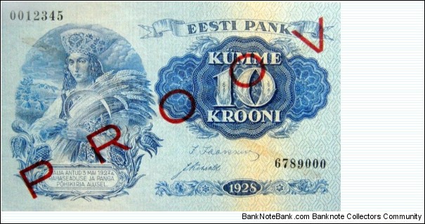 10 Krooni - Proov (Specimen) Very Rare Banknote