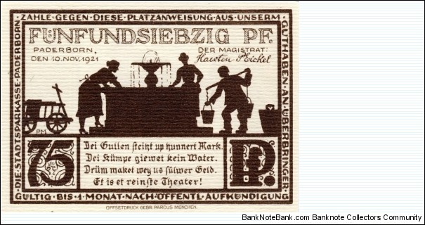 75 Pfg. Notgeld Paderborn Banknote