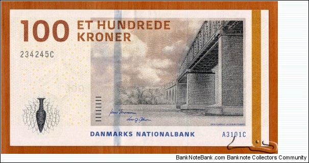 Denmark | 
100 Kroner, 2010 | 

Obverse: The Old Little Belt Bridge, linking Erritsø in Jutland to Middelfart on Funen (Fyn) (1935-), is 1178 metres long | 
Reverse: The Hindsgavl Dagger, a Stone Age dagger from the latter part of the Dagger Period, 1900-1700 BC; The now famous locations marked on the map of northern Denmark | 
Watermark: 100, and Front of a Viking ship | Banknote