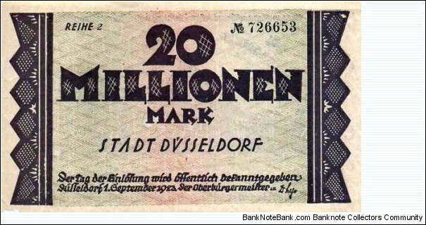 20 Millionen Mark Dusseldorf Notgeld Banknote