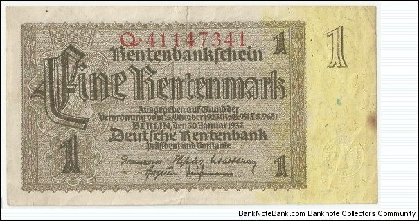 Germany-Nazi 1 Rentenmark 1937 Banknote