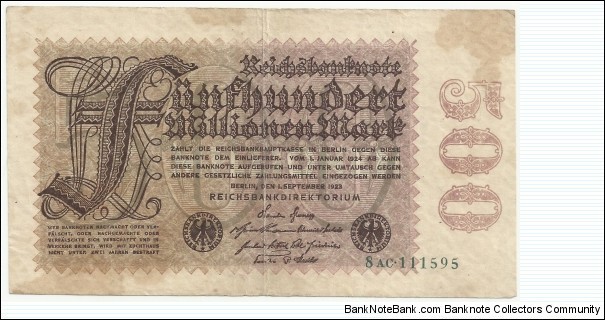 Germany-Weimar 500 Million Mark 1923 (diff. serial nr) Banknote