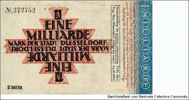 1 Milliarde Mark Notgeld Dusseldorf Banknote