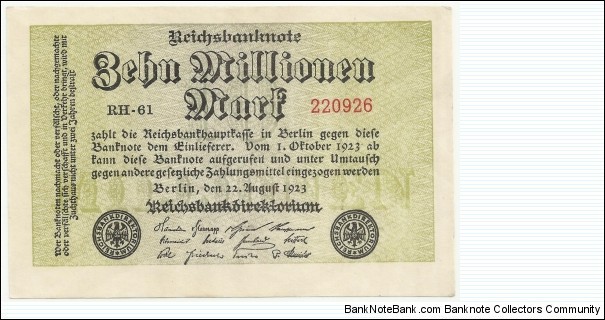 Germany Weimar 10 Million Mark 1923 (diff serial number-1) Banknote