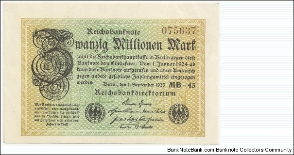 Germany Weimar 20 Million Mark 1923 (diff serial number-1) Banknote