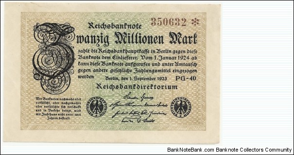 Germany Weimar 20 Million Mark 1923 (diff serial number-2) Banknote