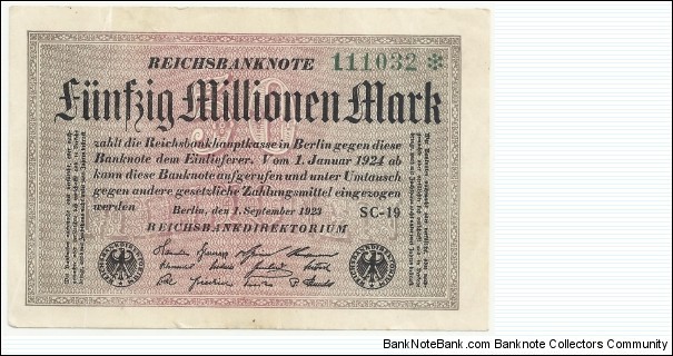 Germany Weimar 50 Million Mark 1923 (diff serial number-3) Banknote