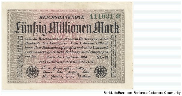 Germany Weimar 50 Million Mark 1923 (diff serial number-5) Banknote