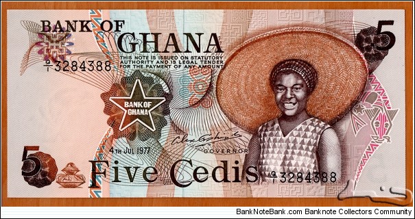 Ghana | 
5 Cedis, 1977 | 

Obverse: Woman wearing a large hat | 
Reverse: Larabanga Mosque | 
Watermark: Eagle's head with a star | Banknote