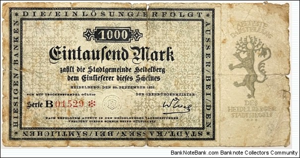1000 Mark (Local Issue / Heidelberg Municipality / Weimar Republic 1922) Banknote
