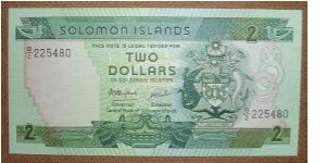 2 Dollars, with arms replacing Q. Eliz. from older notes. Banknote