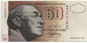 50 markkaa. Litt. A series. FRONT: Architect/designer Alvar Aalto. BACK: Finlandia Hall in Helsinki 

Primary signature: Rolf Kullberg Banknote