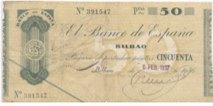 50 Pesetas during Civil war Spain. Banknote