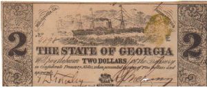 Georgia Confederate $2.

No folds or wrinkles, but has and ugly stain and a hole where counter-signed that knock the grade down a lot. Banknote