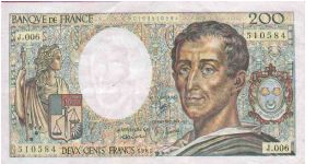 200 Francos,
Anverso:
Charles de Secondat, Baron de Montesquieu

Serie:
510584 Banknote