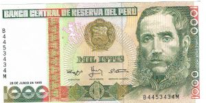 Peru 1988 1000 Intis. Banknote