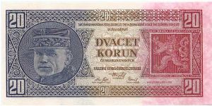 Czechoslovakia - 20 Kc  1926

The first banknote of National Bank of Czechoslovakia.
On averse portrait of M. R. Stefanik.
On reverse portrait of finance-minister A. Rasin. Banknote