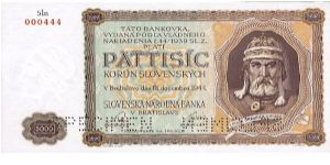 Slovak Republic - 5000 Ks 1944
Never issued
Specimen Banknote