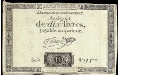 10 Livres.

10/24/1792 issue. Banknote