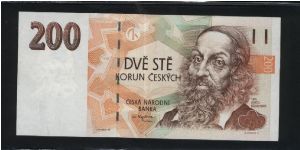 200 Korun Ceskych.

J.A. Komensky on face; hands outreached on back.

Pick #19 Banknote