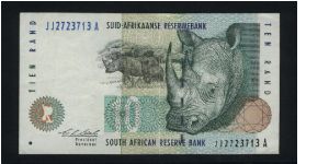 10 Rand.

White rhinoceros at center, large white rhino at right on face; ram's head over sheep at left on back.

Pick# 123a Banknote