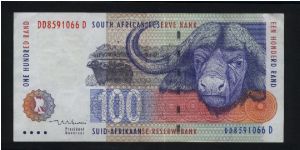 100 Rand.

Cape buffalo at center and large water buffalo head at right on face; zebras along bottom from left to center on back.

Pick #126b Banknote