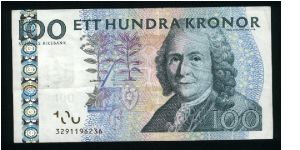 100 Kronor.

With foil hologram.

Carl von Linné (Linnaeus) on face; bee pollinating flowers on back.

Pick #64 Banknote