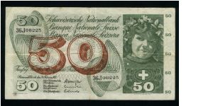 50 Franken.

Girl on face; apple harvesting scene (symbolizing fertility) on back.

Pick #48k Banknote