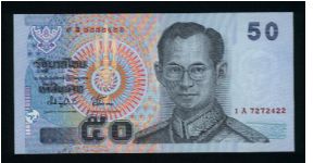 50 Bath.

King Rama IX in Field Marshal's uniform on face; King Rama VI seated at table, royal arms and medieval ship's prow on back.

Pick #new Banknote