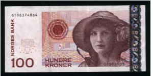 100 Kroner.

Holographic foil strip at right.

Kirsten Flagstad on face; theatre layout on back.

Pick #49 Banknote