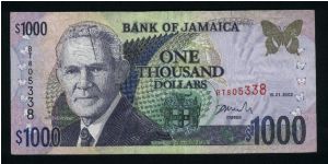 1000 Dollars.

Michael Manley on face; Jamaica House on back.

Pick #78 Banknote