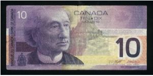 10 Dollars.

Sir John A. Macdonald and Parliament Library on face; veteran and children at memorial at right, peacekeeper with binoculars at center, poppies, doves and the first verse of  In Flanders Fields at right on back.

Pick #102b Banknote