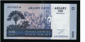 500 Francs=100 Ariary.

Papyrus and mountains on face; volcano isle on back.

Pick #new Banknote