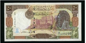 50 Pounds.

Aleppo Citadel and water wheel of Hama on face; Al-Assad library, Abbyssian stadium and students on back.

Pick #107 Banknote