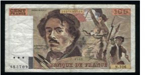 100 Francs.

Eugène Delacroix and Marianne holding tricolor, part of Delacroix's painting La Liberté Guidant le Peuple on face; Delacroix holding a quill pen on back.

Pick #154b Banknote